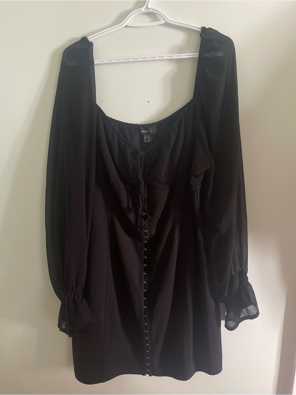 Forever 21+ Black Long Mesh Sleeve Square Neck Corset-Style Mini Dress